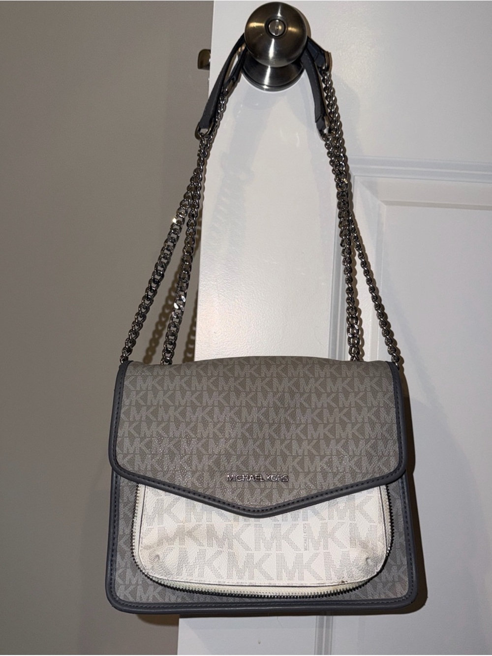 Michael Kors Gray and White Signature Chain Crossbody Bag